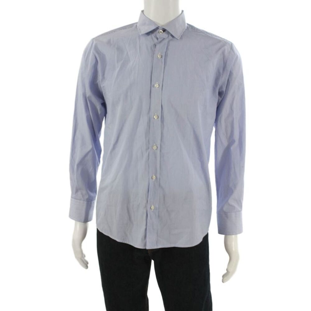 Peter Elliot Mens Blue Striped Cotton Collared Dress Shirt Size 19.5